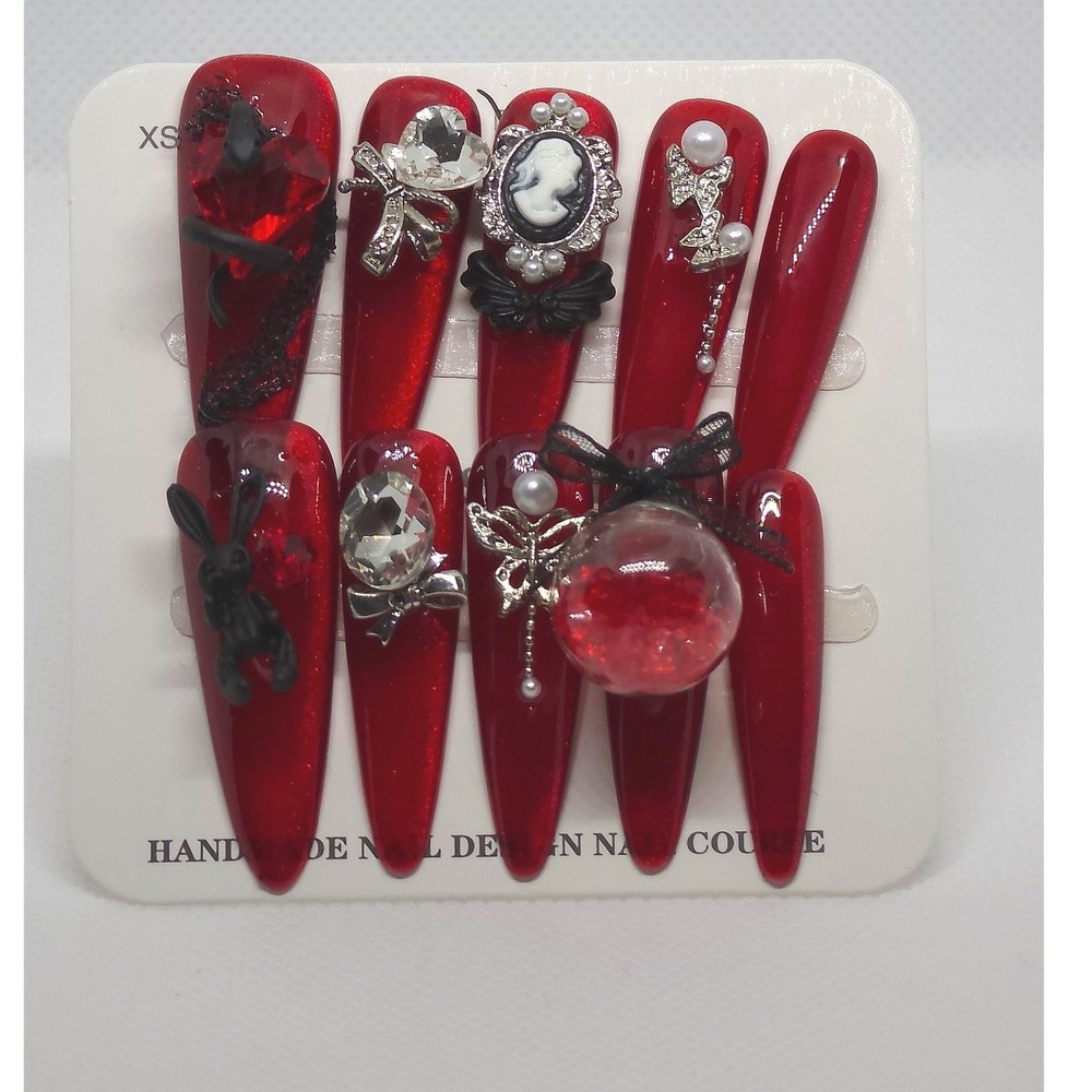 Handmade Luxury Red 3D Press On Nails Long Almond Gothic Coquette Pearl Bow